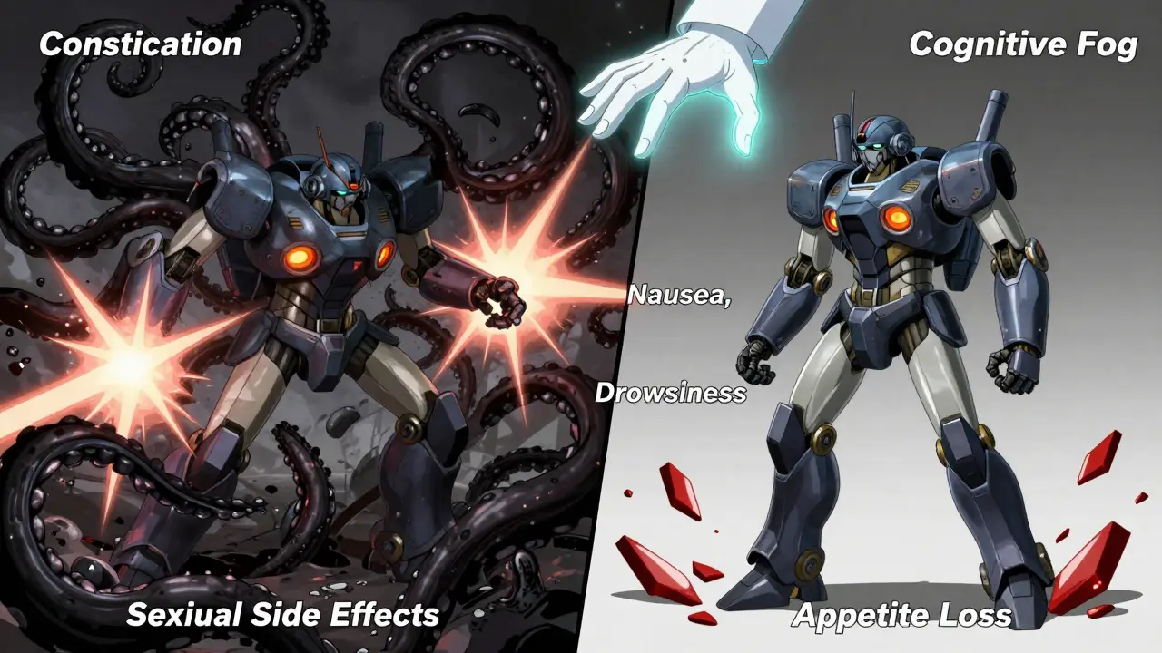 A robot with stubborn black tentacles on one side and fading red shards on the other, showing which side effects persist or improve.