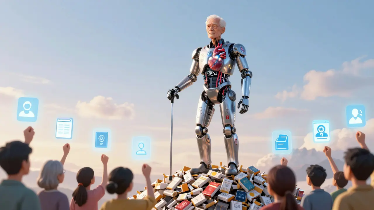 Elderly man atop cigarette pile, transformed into radiant heart-machine with digital quit-support icons.