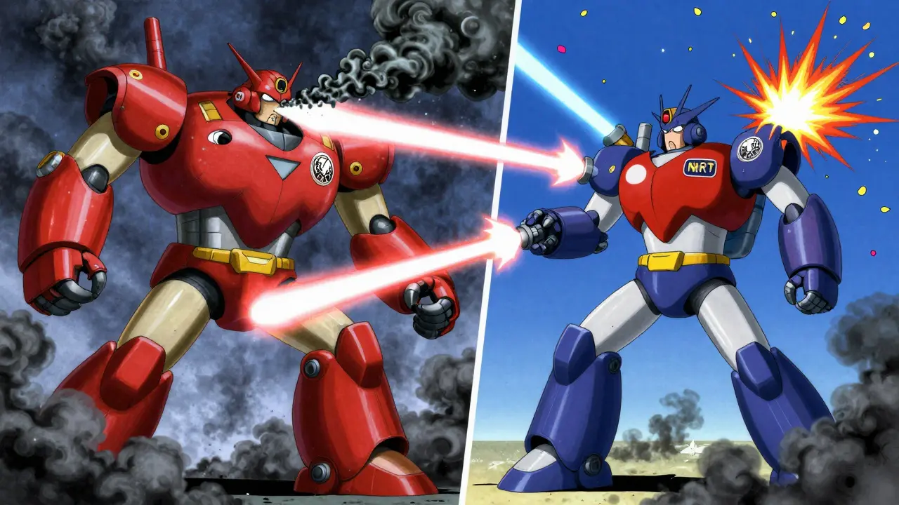 Heart-robot battling smoke monster while NRT and counseling beams restore function, anime style.
