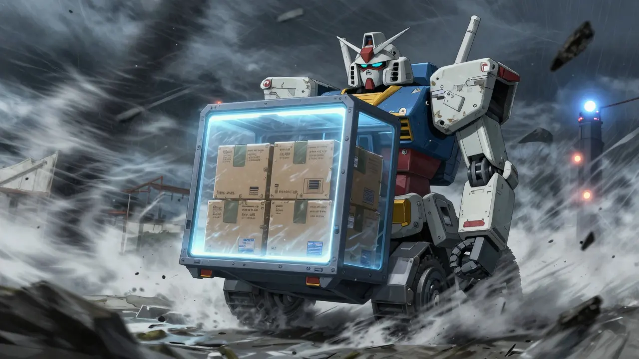 Logistics mech protecting medical cargo behind forcefield in hurricane.