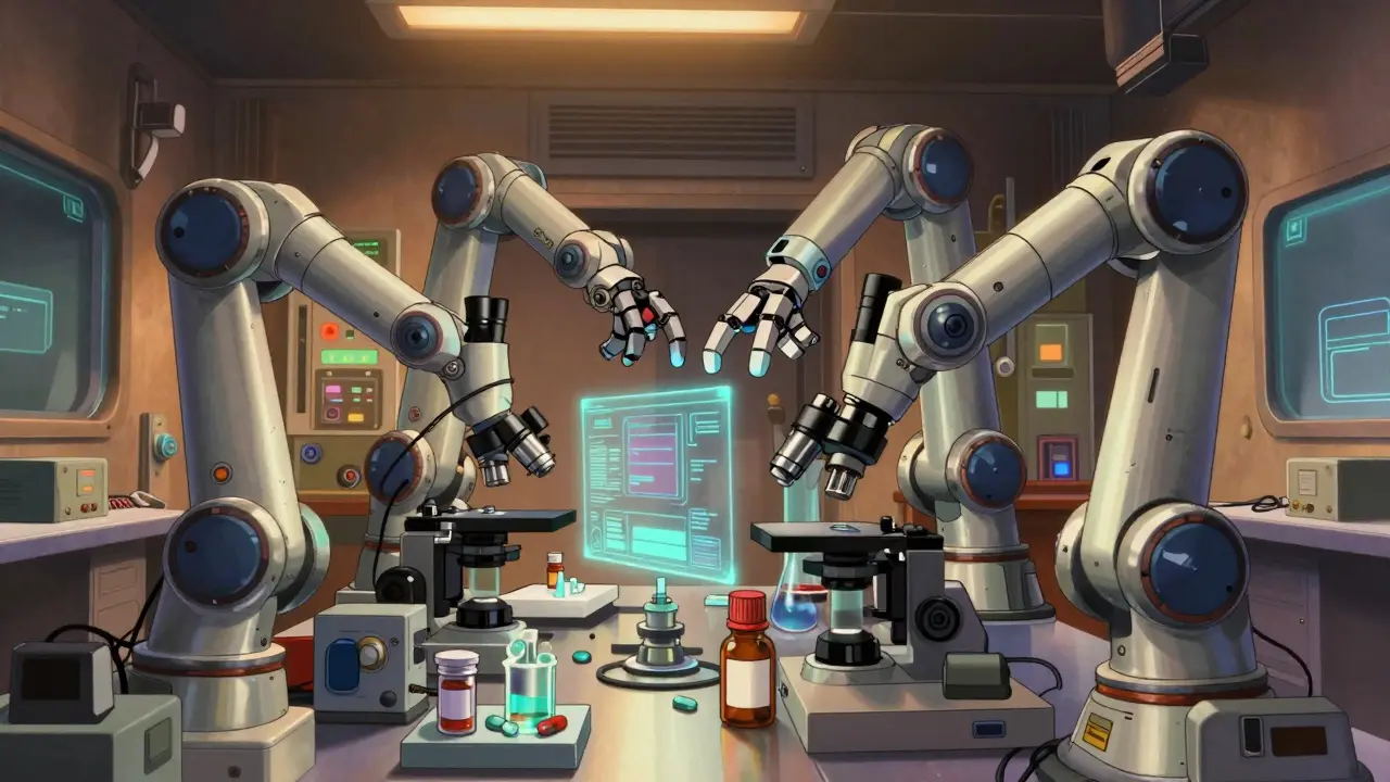 Robotic arms inspecting pill bottles in automated science laboratory.