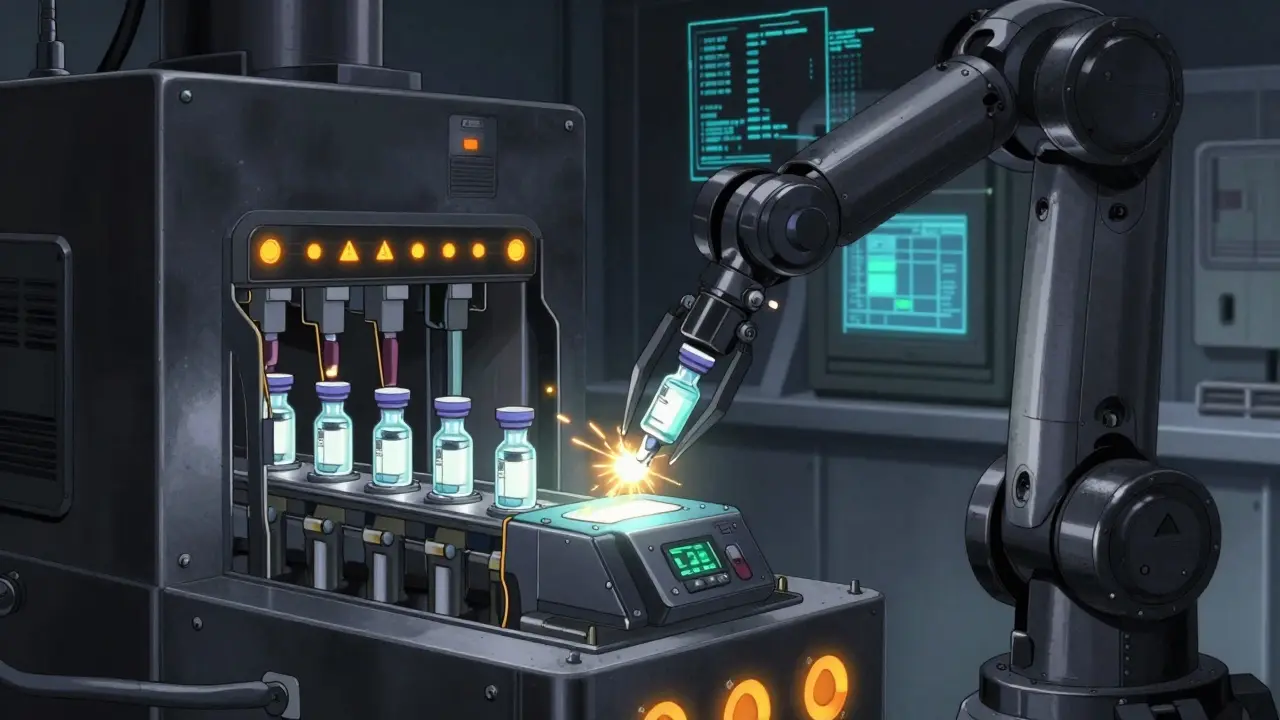 Robotic arms processing medicine with sparks indicating an error in the line