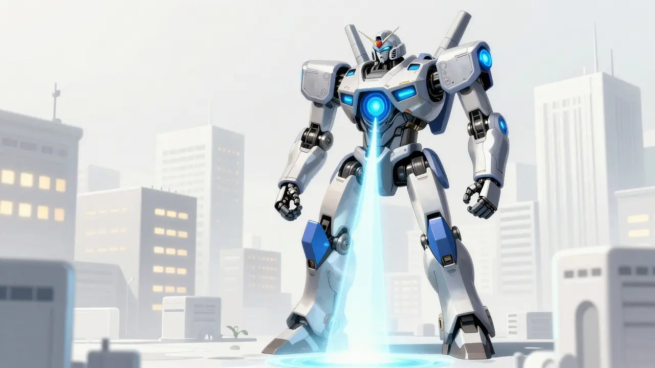 Silver mech releasing light energy into a central core