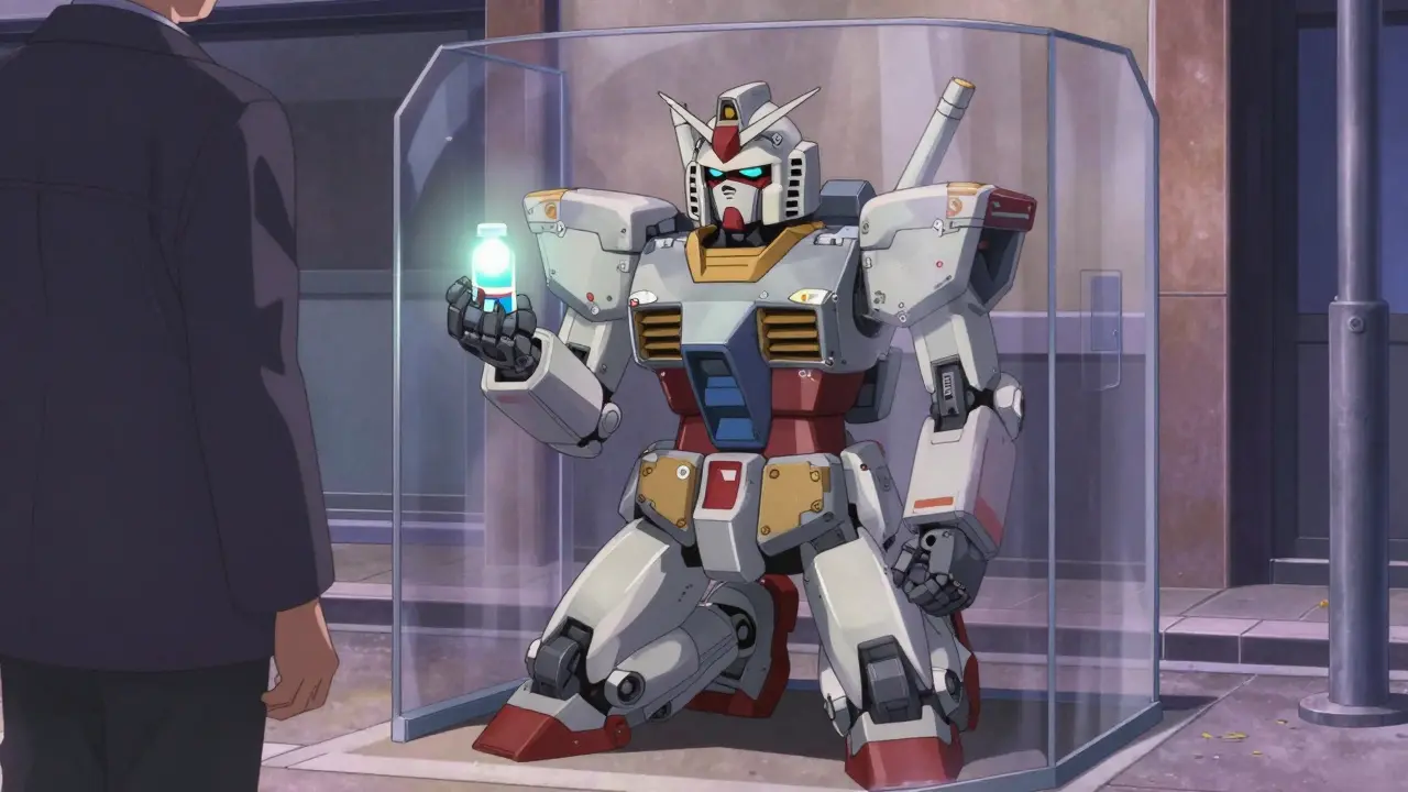 Small pharmacy robot handing medicine to person outside