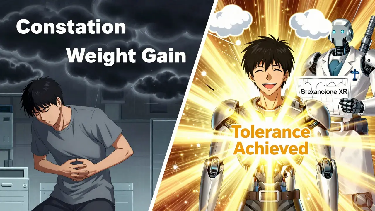 Split-panel scene: one side shows persistent side effects like constipation, the other shows tolerance triumphing with golden light and a blueprint for a new drug.