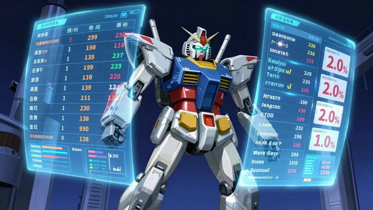 Armored mecha analyzing pharmaceutical price coupons on holographic screens