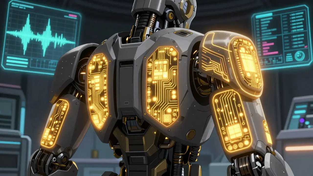 Close-up of a mecha arm with glowing electrical circuitry plates and holographic waves.