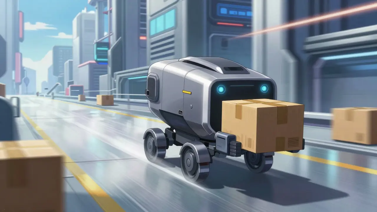 Futuristic armored robot delivering a discreet package in a mecha city