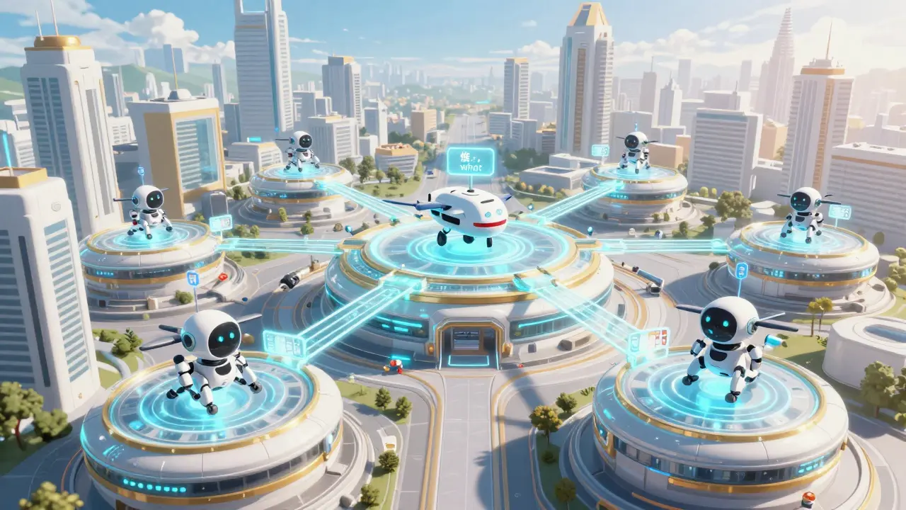 Futuristic cityscape with blockchain data links and medical drones transporting medication