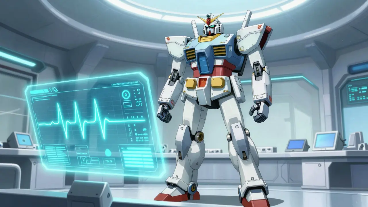 Futuristic command center with a robot and holographic heart rate monitors.