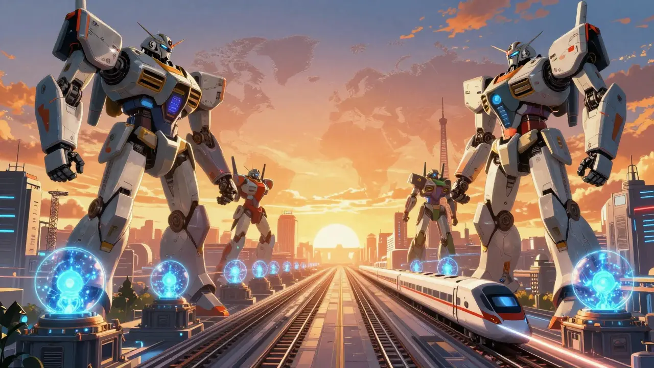 Futuristic mecha-factories in a city producing glowing energy cores.