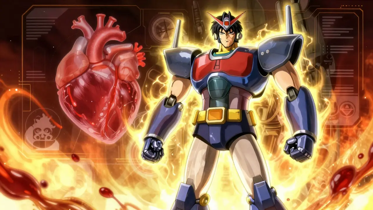 Heroic anime pilot and giant robot symbolizing strength and vitality