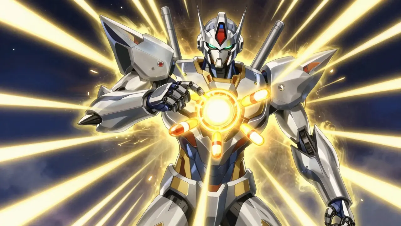 Heroic robot merging energy cores into one central piece with a golden aura.