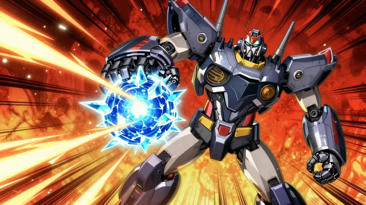 High-tech robotic arm deploying a glowing energy core in a dynamic anime action scene.