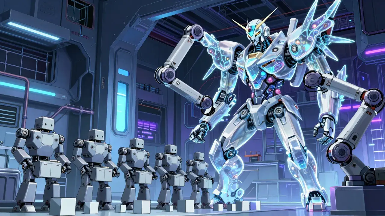 Intricate organic mecha being built in a high-tech neon factory.