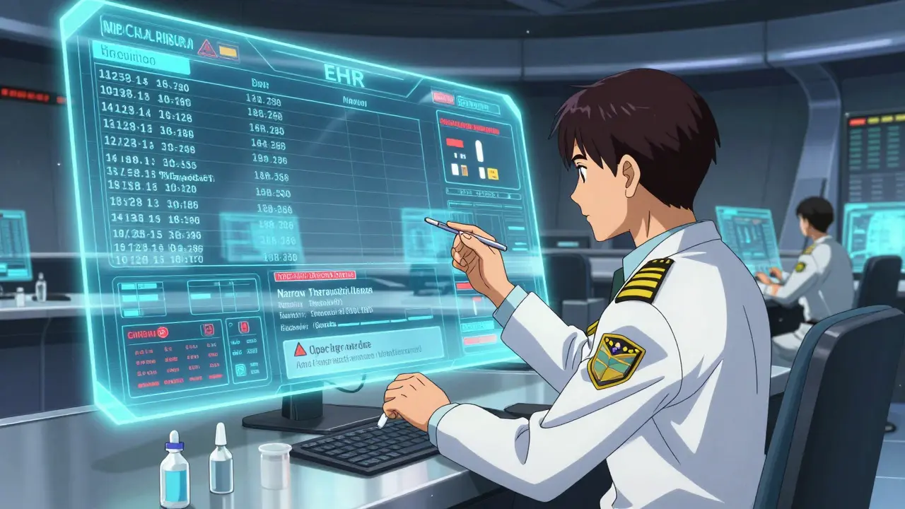 Pharmacist pilot managing a complex holographic drug documentation interface in a command center