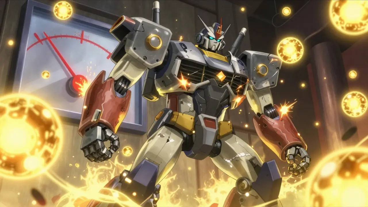 Powerful robot struggling under a surge of gold energy representing drug overdose.