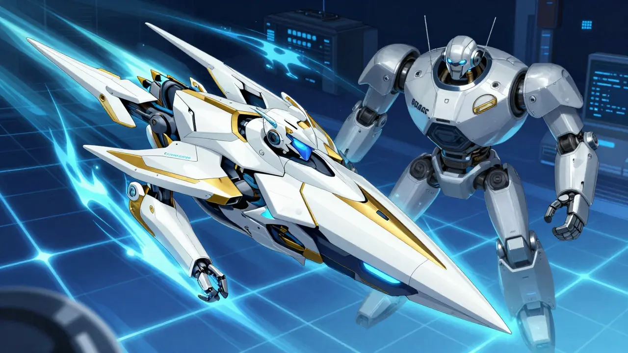 Sleek modern white robot racing past a bulky industrial robot in a futuristic lab.