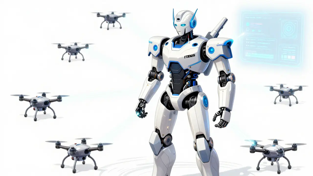 Sleek super robot being calibrated by a swarm of intelligent AI drone electrodes.