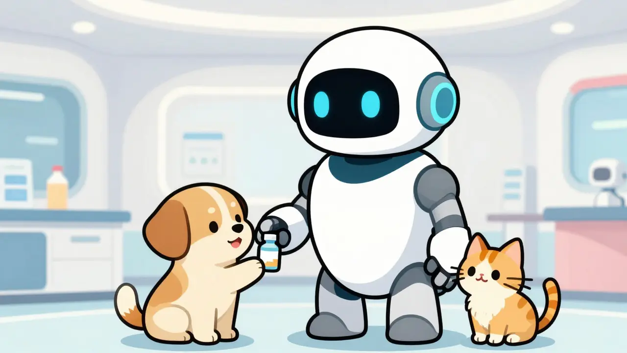 Support robot providing medication to a dog and cat in a futuristic clinic