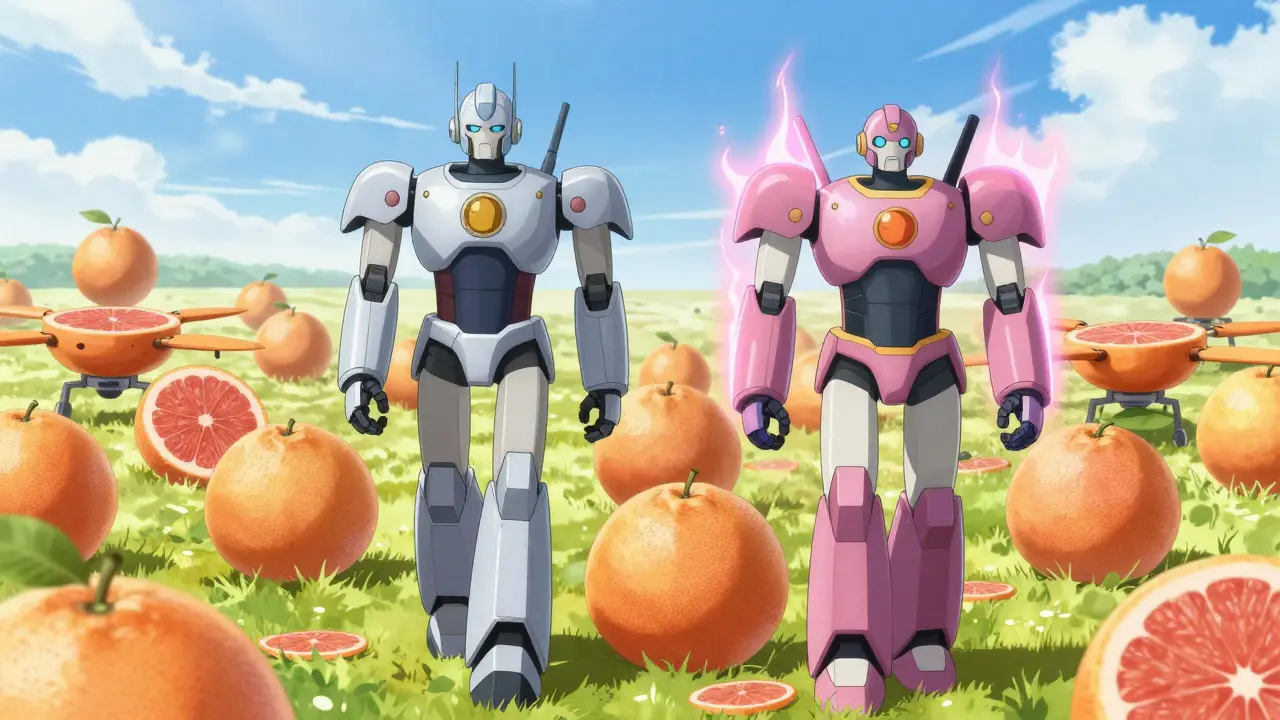 Two advanced anime robots safely navigating through grapefruit obstacles.
